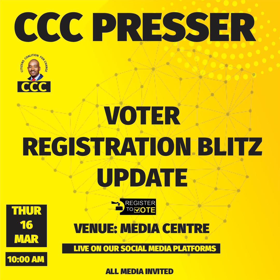 advocatemahere's tweet photo. 🟡At 10am today, the @CCCZimbabwe will host a press conference to provide an update on the ongoing voter registration blitz. It will be at the Media Centre. 

We continue to urge citizens in all provinces to register to vote! 

All press welcome! 

RETWEET FOR AWARENESS🇿🇼 https://t.co/6xi3ek4eFk