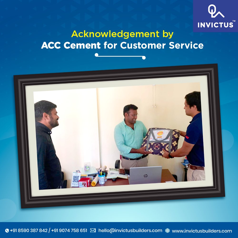 InvictusKochi's tweet image. We are proud to announce that Invictus has been acknowledged by ACC Cement for our exceptional customer service! 

For enquiries : 
🌐invictusbuilders.com
☎️8590387842, 9074758651
#INVICTUS #GoodCustomerService #ACCCement #acknowledgement #HappyCustomer #CustomerService