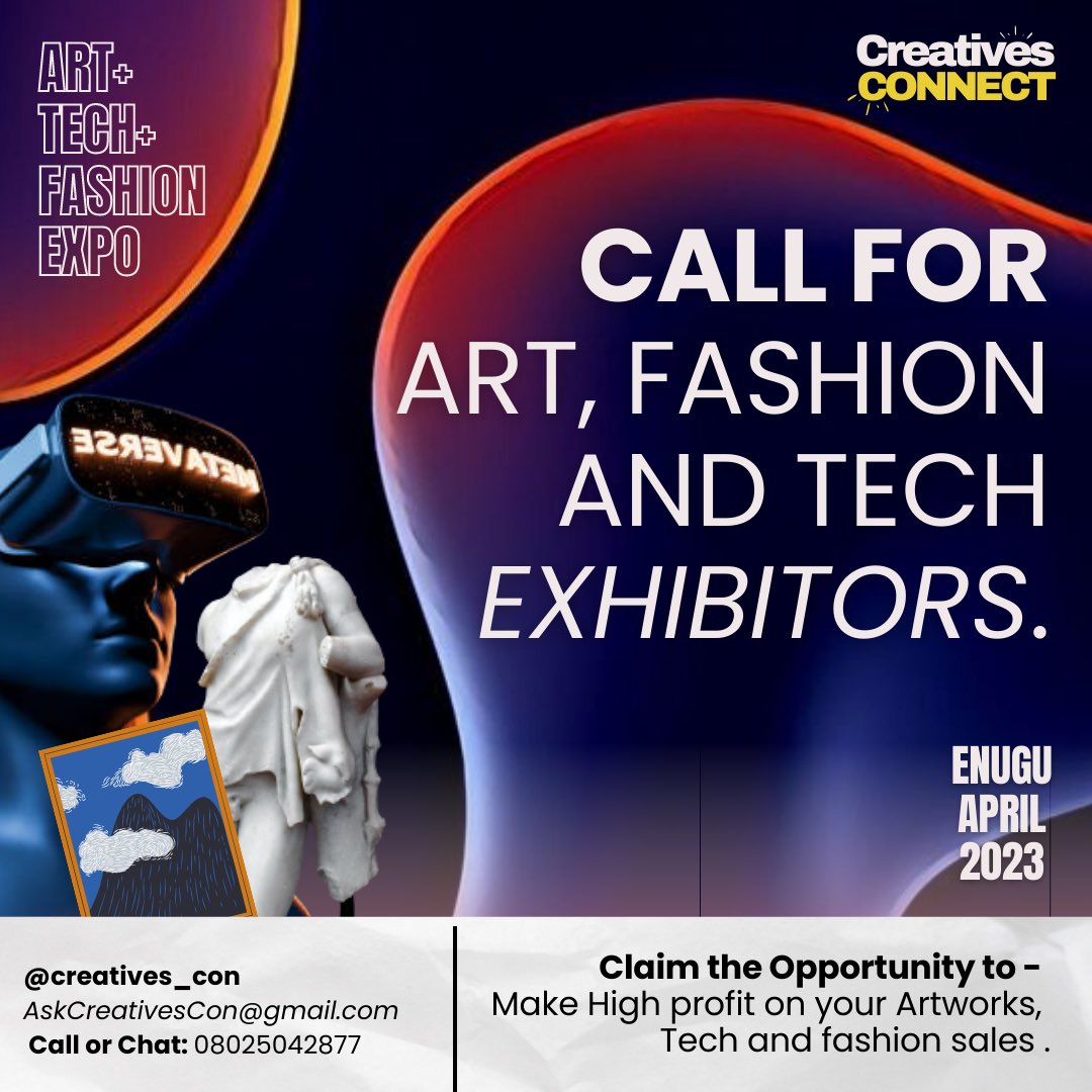 Creatives__con's tweet photo. Enugu Creatives, this is for you!

Come and display your art, crafts, products to a vibrant audience.🔥

Great opportunity with Limited slots.
Enjoy great profit margins from your sales.🏷️

#CreativeGingerUnleashed🫧
#Art #CreatorEconomy #VR #Oscar #earthquake https://t.co/CExMZBueI6