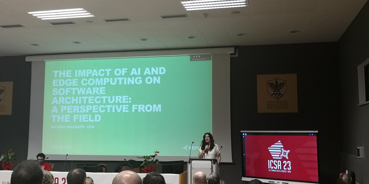 ICSAconf's tweet photo. Today keynote speaker at #ICSA2023 is Tatiana Rizzante, the CEO of Reply. She is talking about: The impact of AI and Edge Computing on Enterprise Architecture: a perspective from the field. https://t.co/2Mof9aS8v6