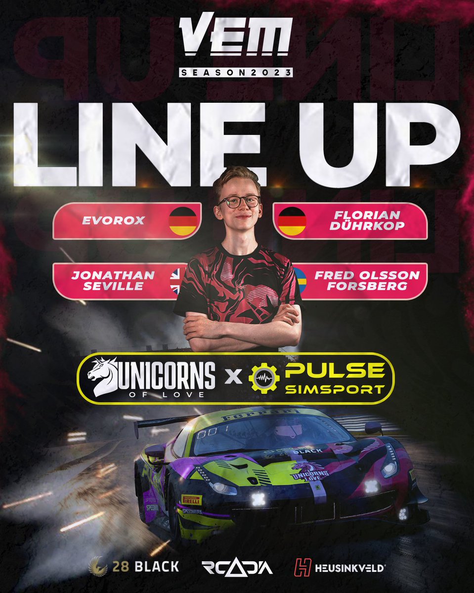 uol_simracing's tweet photo. #VEM - 🦄 We are very pleased to announce our cooperation with @PulseSimsport for the 2023 season of @VirtEnduMasters🤝

   🇩🇪 @DuhrkopFlorian 
   🇩🇪 @eVoRoX750 
   🇸🇪 @NorthSwedFred 
   🇬🇧 @JonnySeville97 

Stay tuned...👀 #THINKPINK https://t.co/SriR3b8QA2