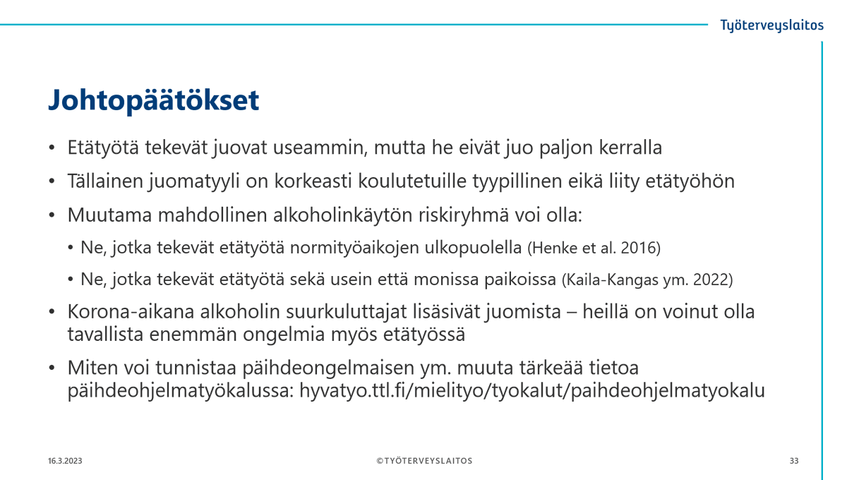 marikoivunen's tweet photo. Alkoholi &amp; etätyö? Leena Kaila-Kangas @tyoterveys kertoo Etätyö ja työkyky -hankkeen tuloksista. Hankkeen loppuraportti tulossa vielä maaliskuun aikana. 
#etätyö #työkyky #alkoholi https://t.co/ykgOabIoS7
