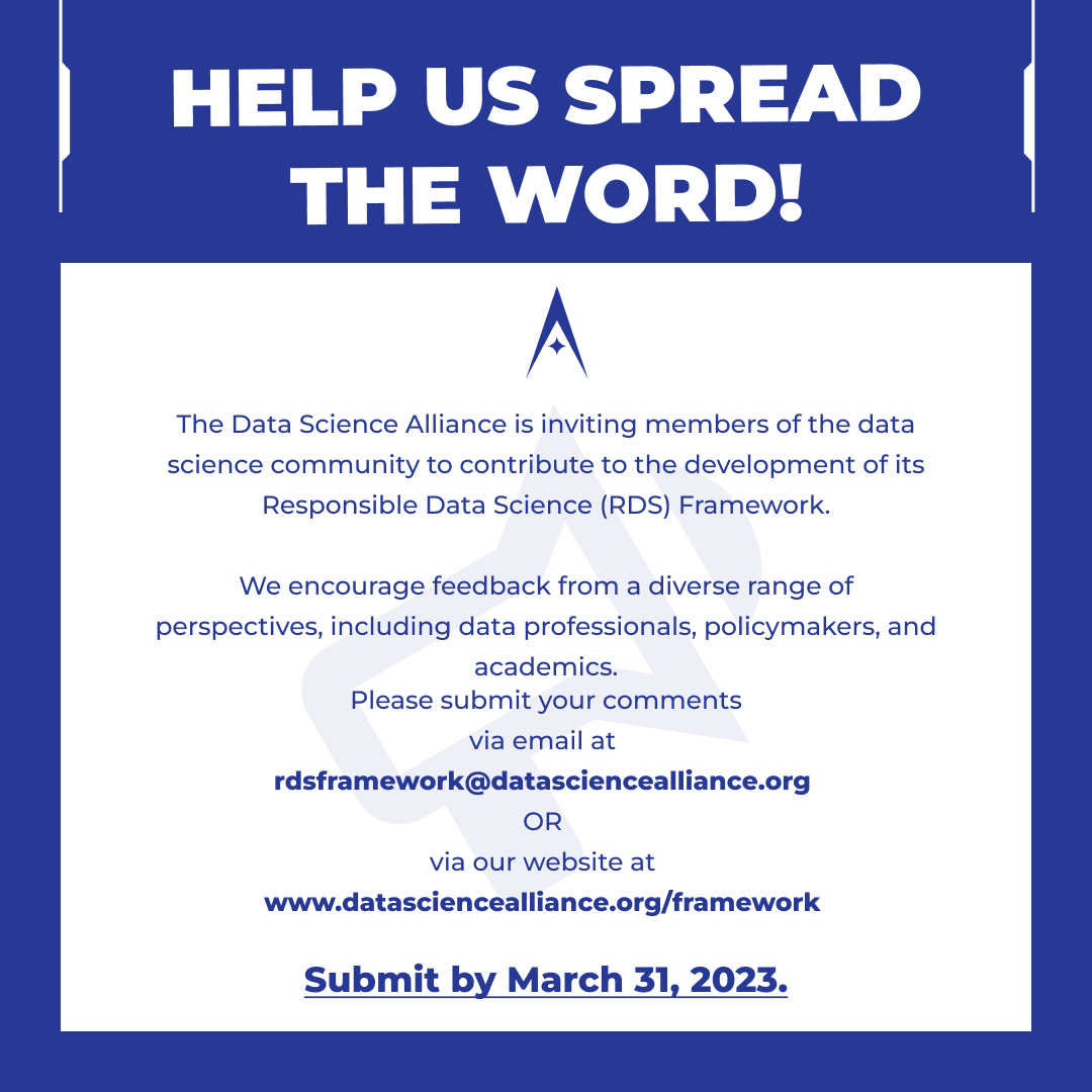 DataScienceAll1's tweet photo. Help us expand our reach and get more feedback. Share the Responsible Data Science Framework with your networks.
Comments can be submitted via email at rdsframework@datasciencealliance.org OR at https://t.co/rww9YaqhXN by March 31, 2023.
#datascience #responsibledatascience https://t.co/vKTBTiOSlR