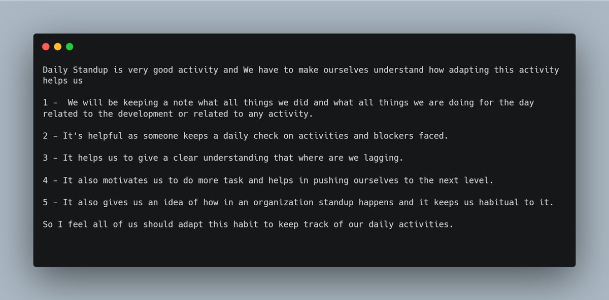 AkashKu80823217's tweet photo. So at @neogcamp We follow a very good habit of giving our daily updates of what we did yesterday and what we are doing today. If we see this activity more precisely it's in Self Development. I have summarised why it's beneficial for everyone in a few points : https://t.co/uhtTHmklYG
