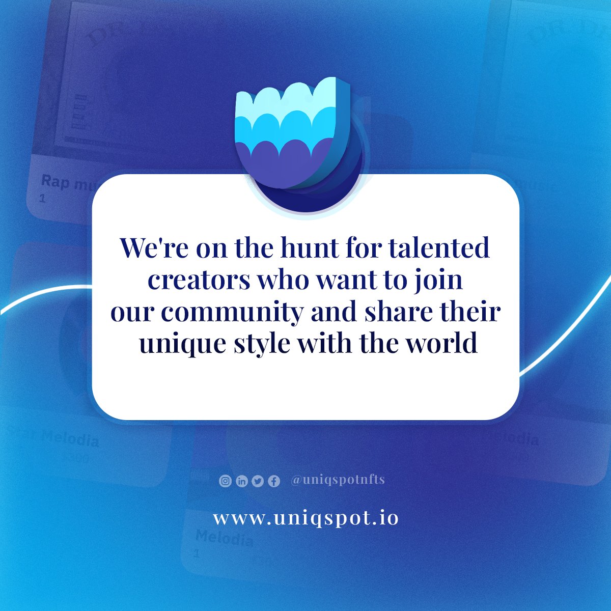 Uniqspotnfts's tweet photo. Calling all #NFTartists ! Now is your chance to share your creative artworks to the world with @Uniqspotnfts π
#uniqspot #letsgetspot #nftart #NFTCommunity #NFTProject #Crypto #cryptocurrency #NFTcollections #FreeNFT #NFTFam #NFTartists https://t.co/FHphLITmTC