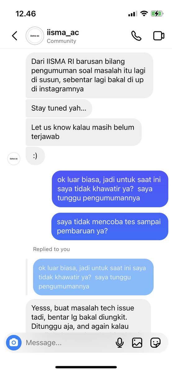 avaniehira's tweet photo. @IISMAfess Hi IISMA community, I got in touch with IISMA alumni and this is what they informed me. The issue with the diversity test today is indeed on their end and they are compiling an update which will be put out on Instagram, we just need to wait for it 😭😭 https://t.co/48YDgldCXr