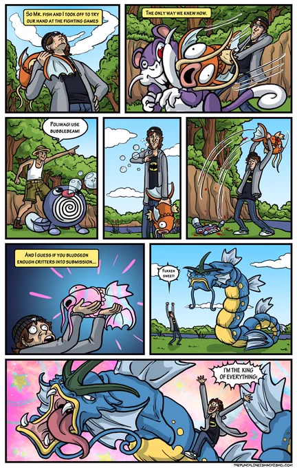 Probably either Mr. Fish evolving or that little chunk that people clipped out of a longer thing I made like 15 years ago about varying beefy dude character designs so they could pretend it was a workout guide and fight about it. https://t.co/AqkQlrXrYX 