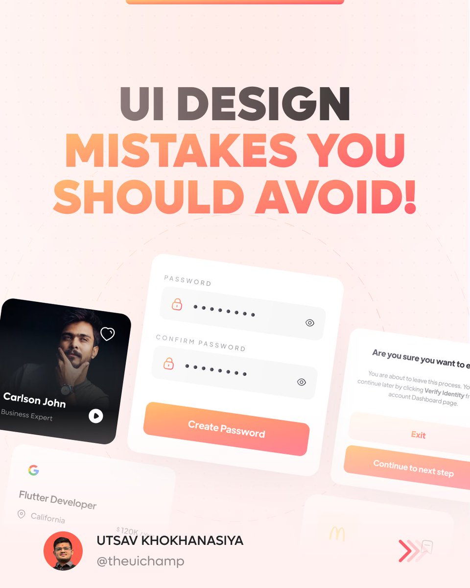 theuichamp's tweet image. Beginners Guide for UX/UI Designers.
How to Make Your UI Design Shine: Lessons Learned from Avoiding Mistakes.
Hit Like ❤️🔥 & Retweets 🔃 are appreciated.
Thread 🧵