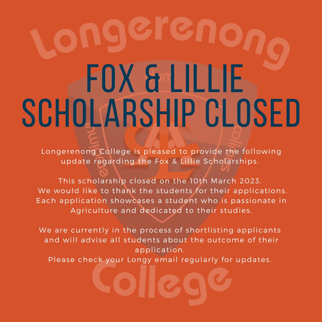 LongyCollege's tweet photo. The Fox &amp; Lillie scholarships have now closed. We are pleased that a range of students applied for these scholarships - showcasing their passion for Agriculture. Please join us in congratulating them! https://t.co/HZa3BuGk5w