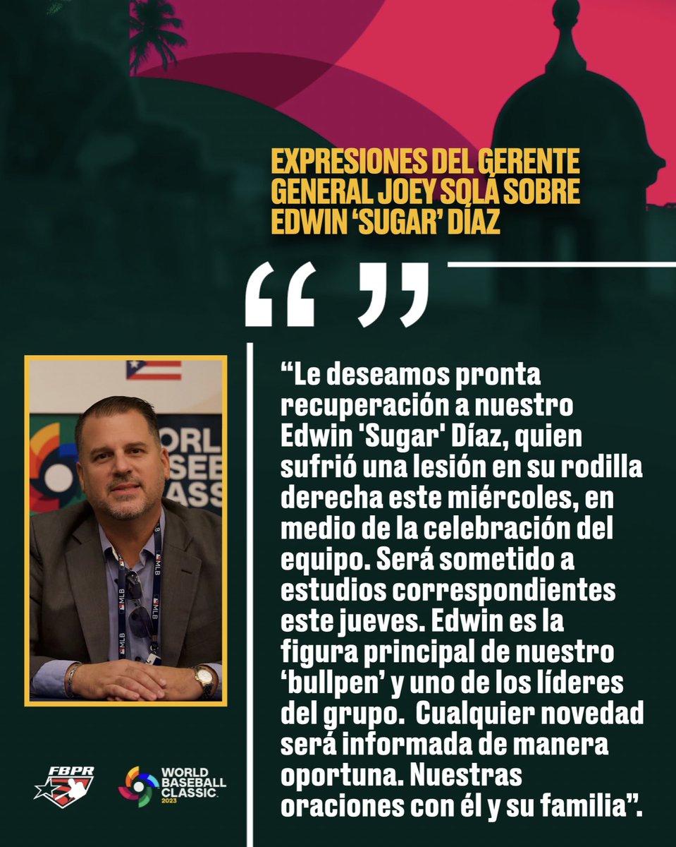 BeisbolPR's tweet photo. Expresiones del gerente general Joey Solá sobre Edwin Sugar Díaz 

#LosNuestros🇵🇷 https://t.co/acTVvHetQm