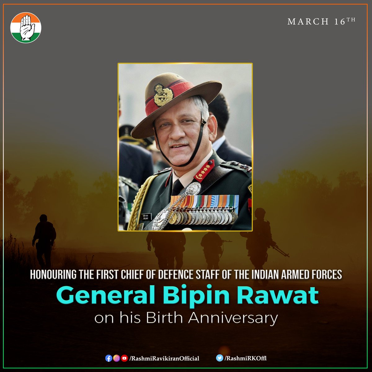 RashmiRKOffl's tweet photo. On the birth anniversary of Late General #BipinRawat we remember him as the first Chief of Defence Staff of the Indian Armed Forces. He played a crucial role in transforming and modernizing the Indian Armed Forces, and his legacy will inspire future generations of soldiers. https://t.co/RCavY6k0x4