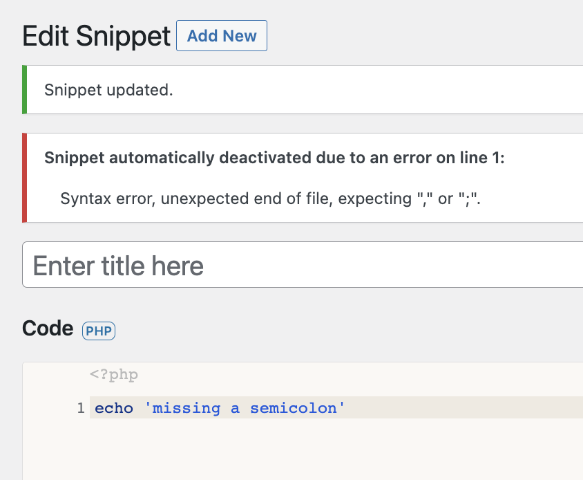 codesnippetspro's tweet image. Sneak preview of one of the new features coming to Code Snippets: full AJAX saving with reliable error checking.
In this release, code errors will appear right above the editor, no page reloads or back buttons involved.