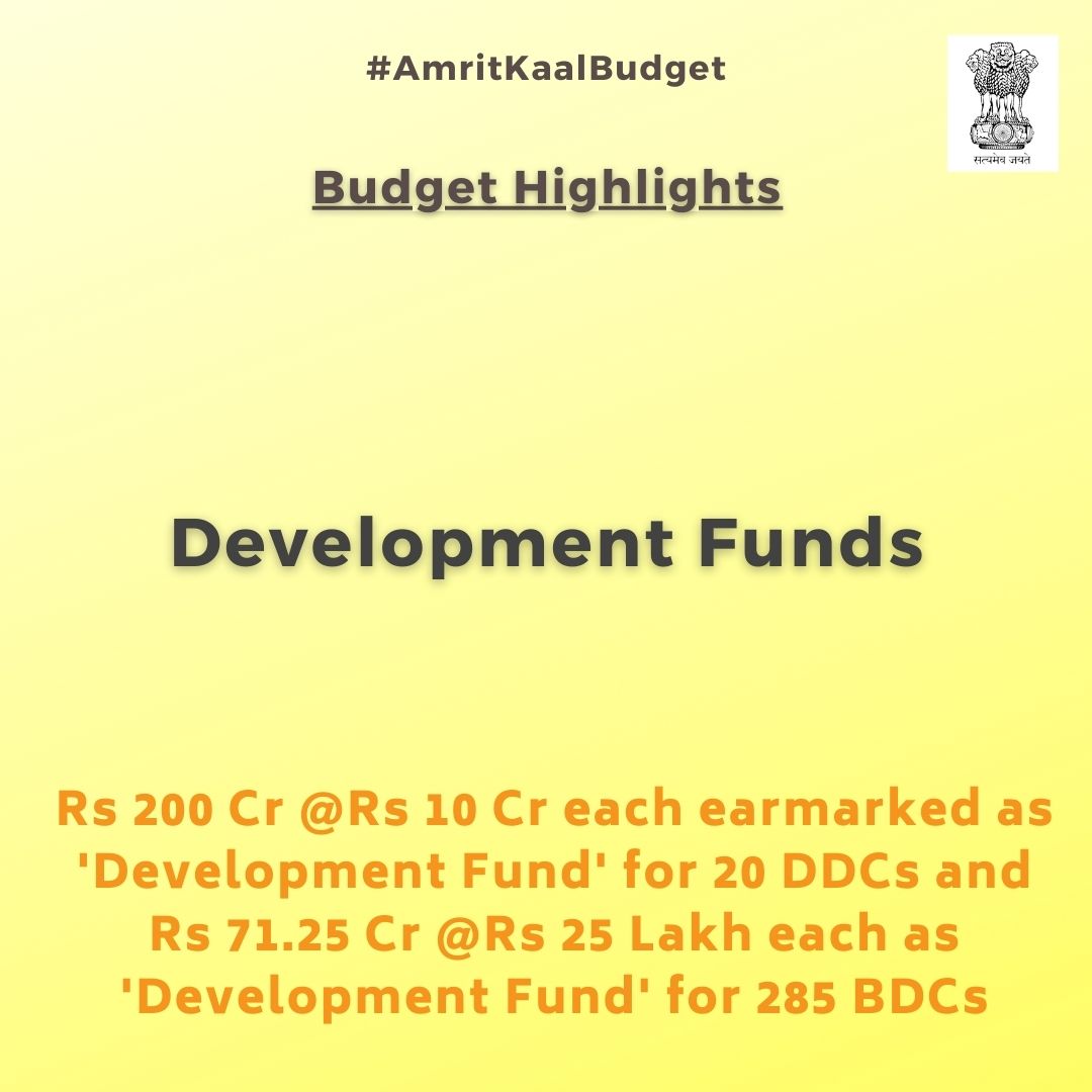 #AmritKaalBudget
Budget Highlights:
Rs 200 Cr <a href="/Rs/">RS</a> 10 Cr each earmarked as 'Development Fund' for 20 DDCs and Rs 71.25 Cr <a href="/Rs/">RS</a> 25 Lakh each as 'Development Fund' for 285 BDCs
<a href="/diprjk/">Information & PR, J&K</a> 
<a href="/ddnewsSrinagar/">DD NEWS SRINAGAR</a>
<a href="/ddnews_jammu/">DD NEWS JAMMU | डीडी न्यूज़ जम्मू</a>