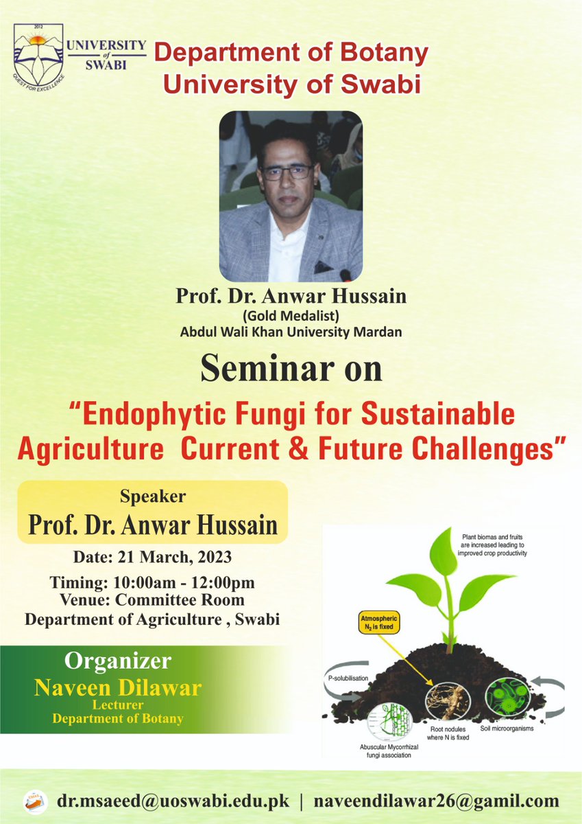 Department of botany, #universityofswabi arranged a seminar regarding ' Role of endophytic fungi for sustainable agriculture current and future challenges'