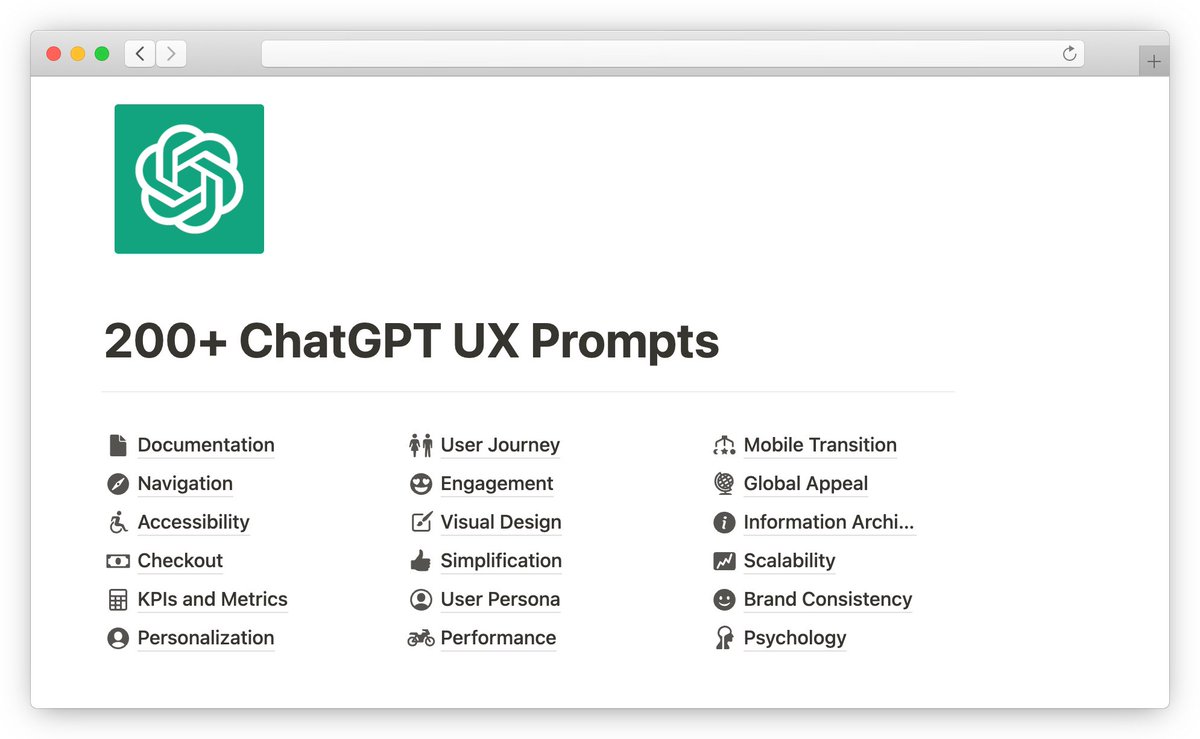 Using AI can make design work 10x faster.

We created 200+ prompts to use ChatGPT as a free UX Researcher.

&amp; We’re giving the database away, for free! (for 24 hours)

Like, Retweet, Follow, Comment 'UX'

&amp; We'll DM it to you, for free
