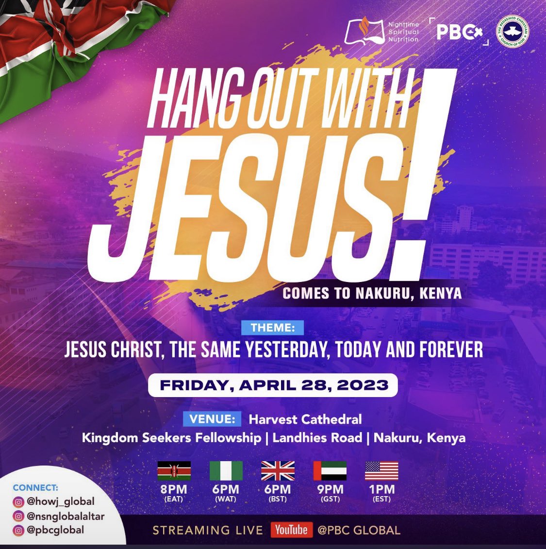 pbc_global's tweet photo. Join us for an amazing time at Hang Out With Jesus Kenya 🇰🇪 on April 28th, 2023!
Held at Harvest Cathedral, Kingdom Seekers Fellowship, Landhies Road, Nakuru.
Can't make it in person? No worries, we'll be streaming live on YouTube! See you there! #HOWJKenya #PBCGlobal https://t.co/lJgMQGrwYC