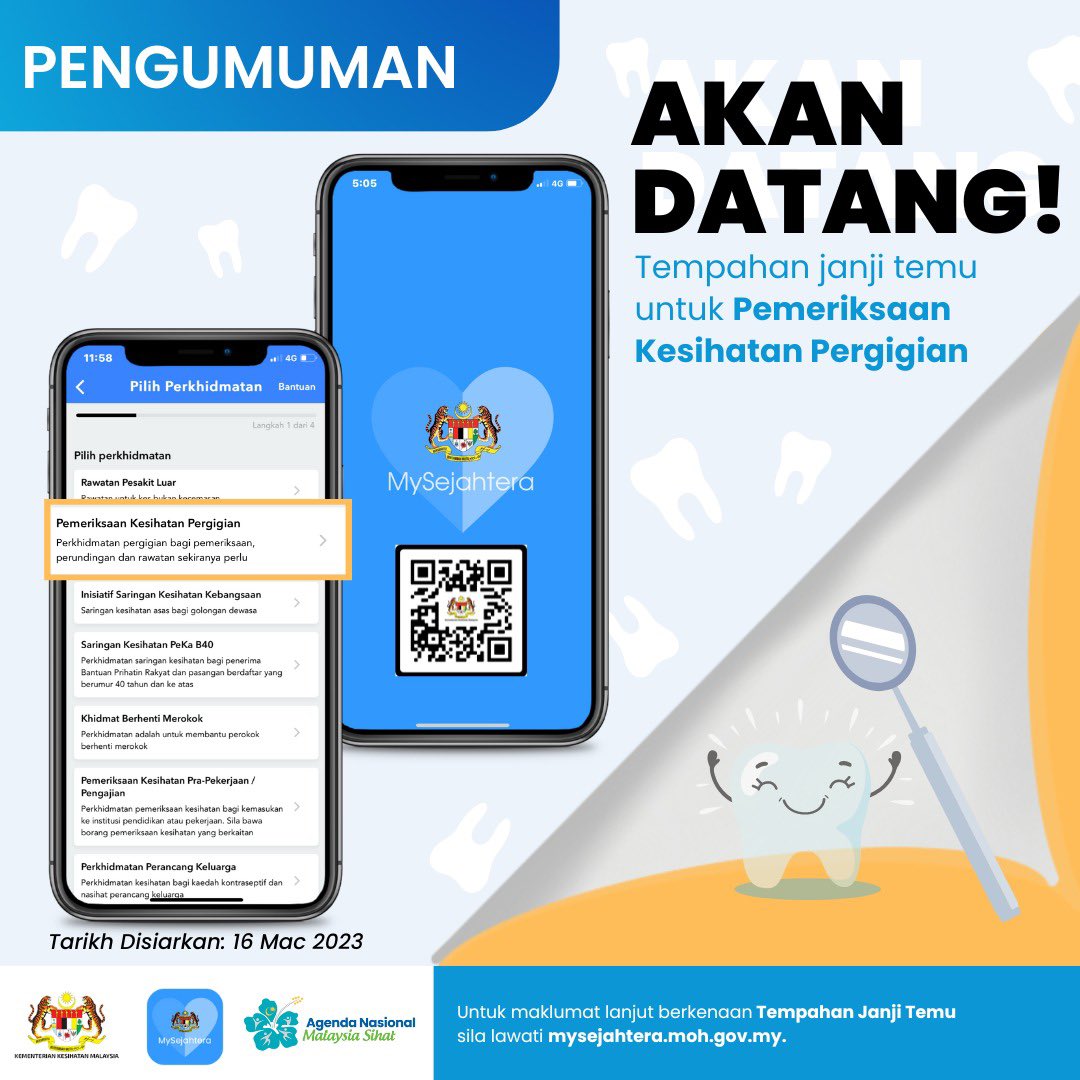 RT @my_sejahtera: Teruja dengan ciri akan datang di MySejahtera iaitu Tempahan Janji Temu Pemeriksaan Kesihatan Pergigian?

Anda boleh imbas kod QR di infografik untuk maklumat lebih lanjut berkenaan fungsi ciri ini. 

#AplikasiKesihatanAwam 
#gerbangkes…