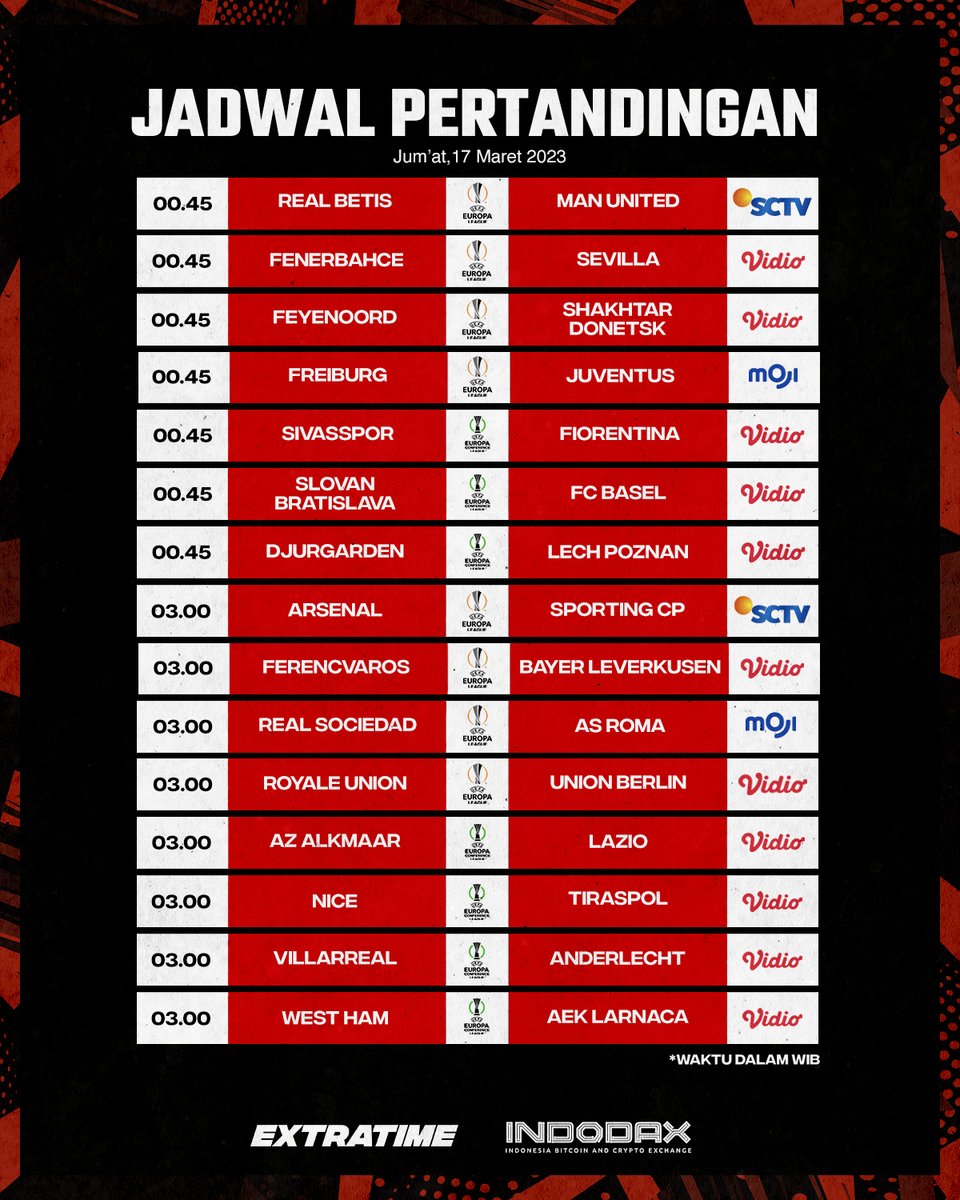 idextratime's tweet photo. #JadwalBolaET Malam Ini!

00.45 | Real Betis v Man United (1-4) - SCTV
00.45 | Freiburg v Juventus (0-1) - Moji
03.00 | Arsenal v Sporting CP (2-2) - SCTV
03.00 | Real Sociedad v Roma (0-2) - Moji

Prediksi lolos wib?

Merch ET: https://t.co/OGBVUjG5Rk https://t.co/jyFNMCS9D0
