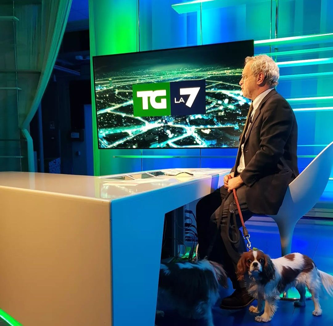 Italian newscast anchorman Enrico Mentana while doing his job for La7 tv channel.