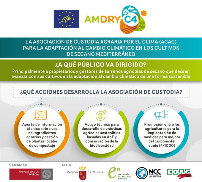 En el proyecto <a href="/LIFE_AMDRYC4/">LIFE AMDRYC4</a> las acciones que desarrolla Custodia Agraria por el Clima van dirigidos principalmente a #agricultores, #propietarios y gestores de terrenos agrícolas de secano que quieren avanzar con sus #cultivos en la adaptación al cambio climático 

#ACAC