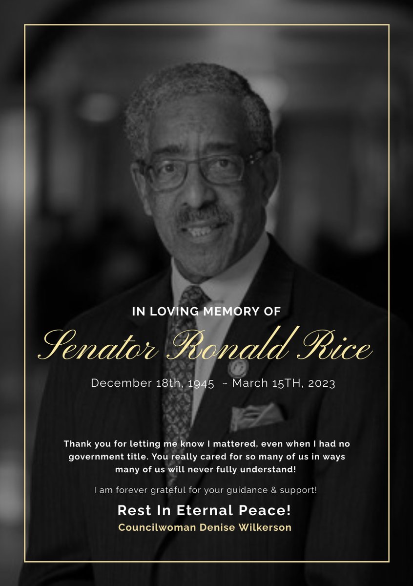 dwilkers's tweet photo. I am so deeply saddened by the news that Senator Ron Rice has passed. He was always kind, supportive, encouraging, &amp; concerned about OUR business! He understood that we needed to build a bench of future leaders &amp; provide them with the knowledge to lead in their respective places https://t.co/0tdmNz0kh8