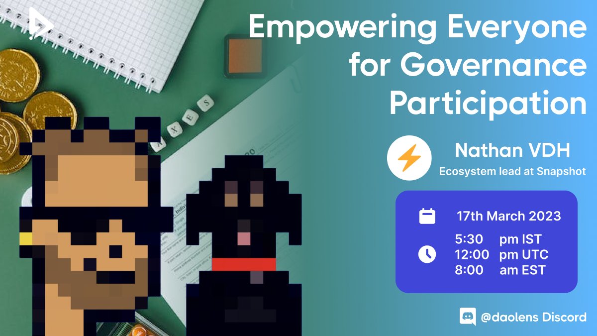 Is the fate of online communities inevitably evolving into DAOs? 🤔

Come join us on our Discord Space with <a href="/NathanVDH0x/">nathanvdh</a>, Ecosystem lead at <a href="/SnapshotLabs/">Snapshot.eth</a>  as we dive into the fascinating world of DAO governance! 

📅17th March'23  
⏰12 PM UTC 

RSVP Now👉lu.ma/teohuzew