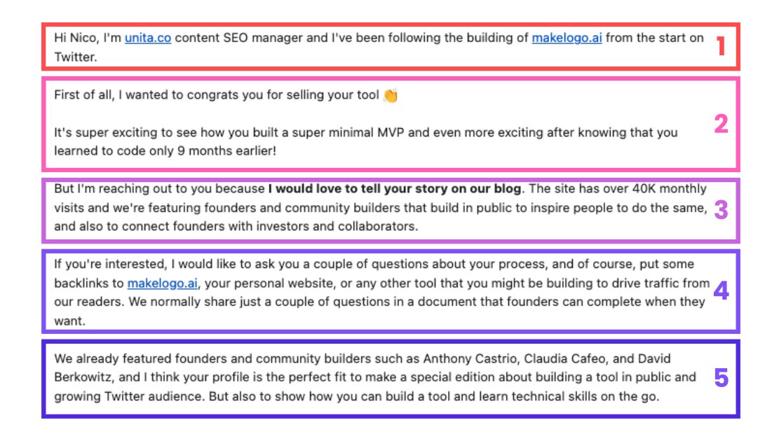 nico_jeannen's tweet photo. 👍 Here is a GOOD cold email example. Let's check how its made:

1. Introducing yourself so the person knows who you are directly

2. Personalized opener to show you're not spamming 1000 people with the same message

3. Clearly stating what you want, no bait and switch

4. Clearly showing "What in it for me"

5. Social proof to give credibility

That's how you get replies. 

Don't overthink it, just do the work, read about the person you're contacting and be clear about what you want. The answer might be yes or no, but you didn't waste anyone's time.

Good job Sofia from @unita_co