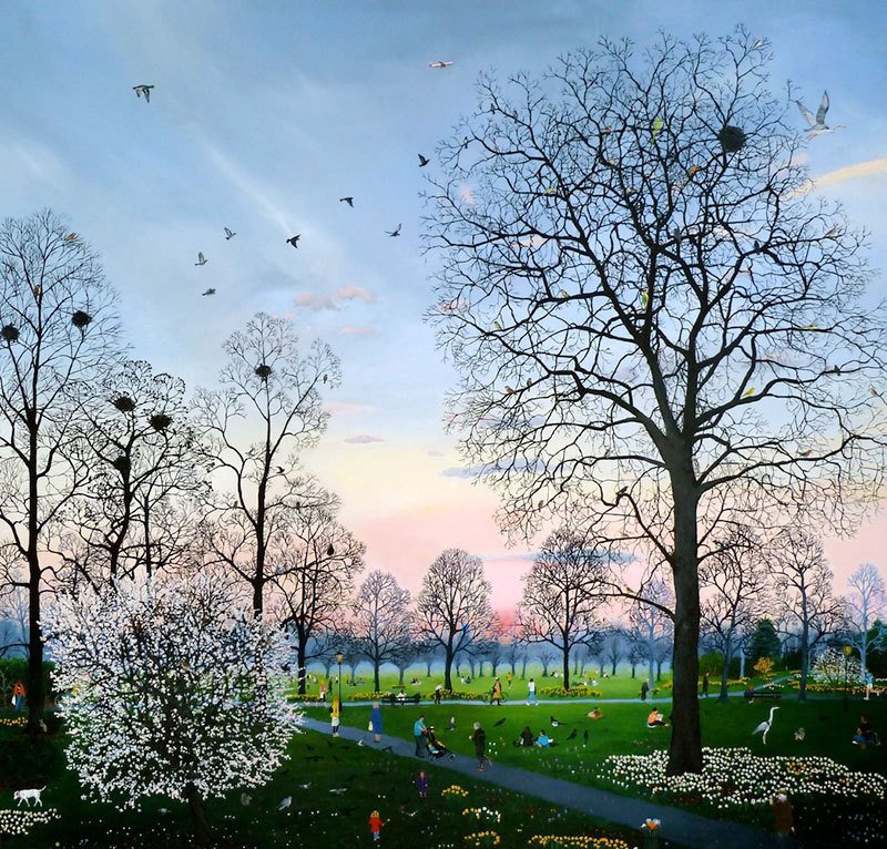'Birds Nesting' by Emma Haworth, contemporary London-based painter known for her observations of streets and parks, with a hint of magic #WomensArt