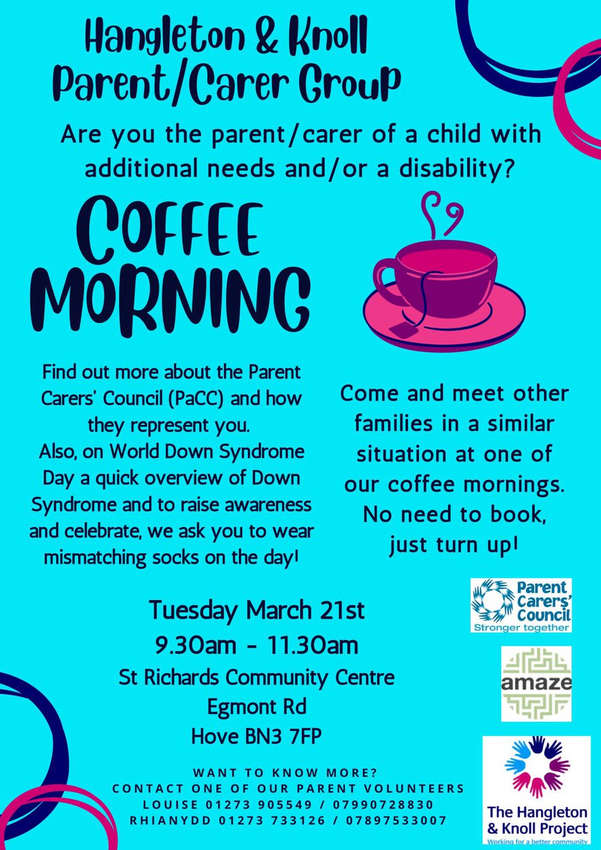 All parent carers welcome w <a href="/AmazeSussex/">Amaze Sussex</a> <a href="/PaCCBrighton/">PaCC</a>