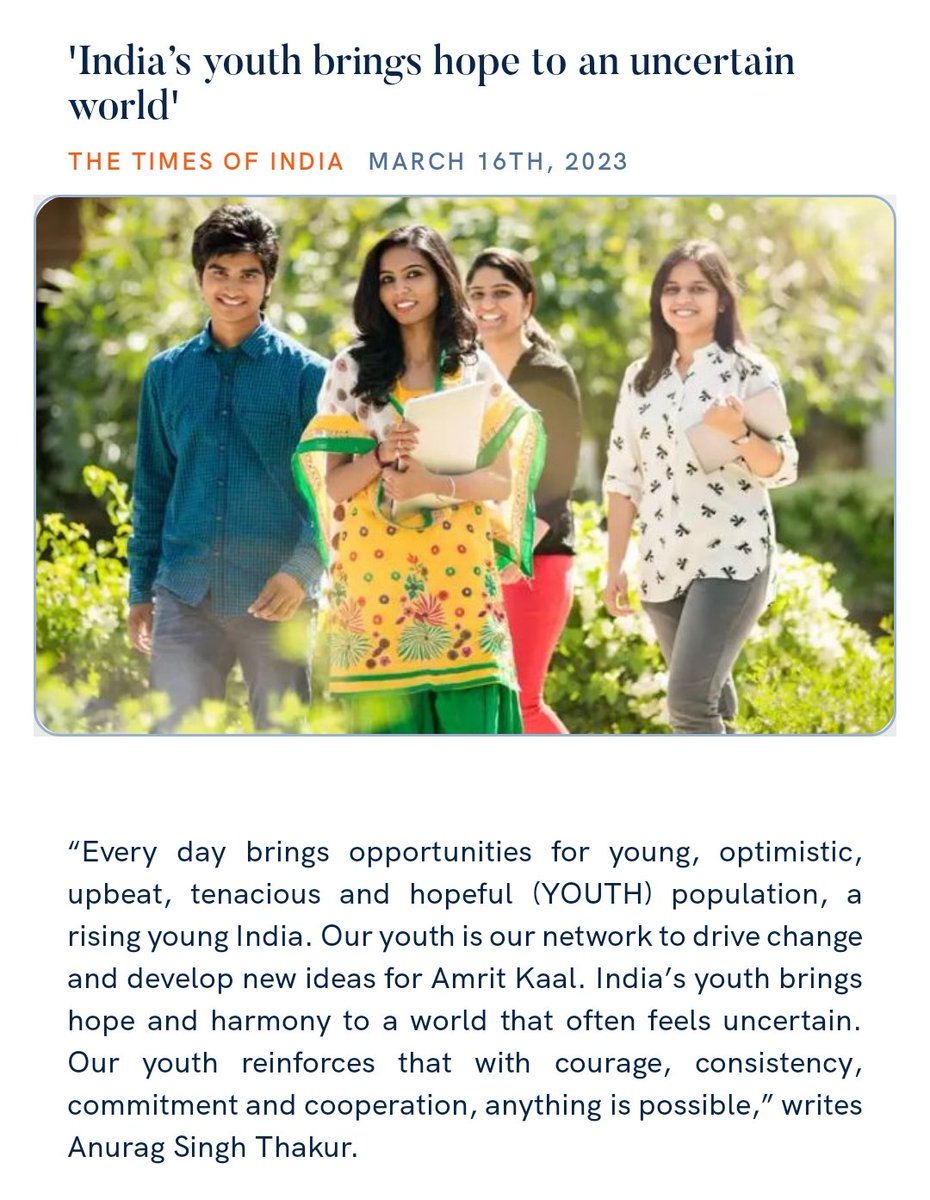 India’s youth brings hope to an uncertain world, writes Union Minister <a href="/ianuragthakur/">Anurag Thakur</a>... Do read!
timesofindia.indiatimes.com/india/speaking… 

via NaMo App