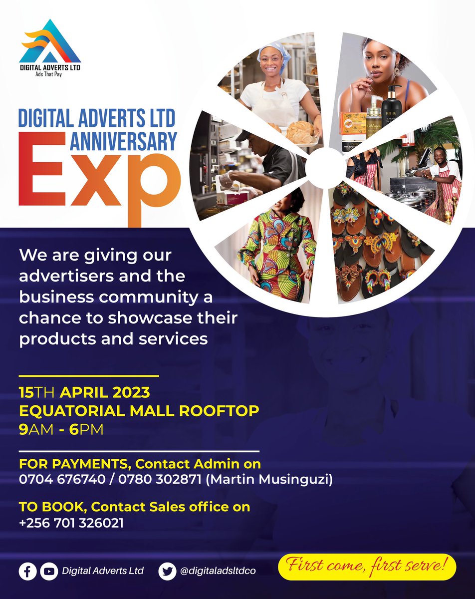 digitaladsltdco's tweet photo. Vendors are invited to display their goods at a small fee on our 2 year Anniversary - 15th April, 2023🗣

Contact us, DM or call 0704676740/ 0780302871 for inquiries
 
#DigitalAdsLtd #Adsthatpay #2ndyranniversary https://t.co/cH4RpfTIPU