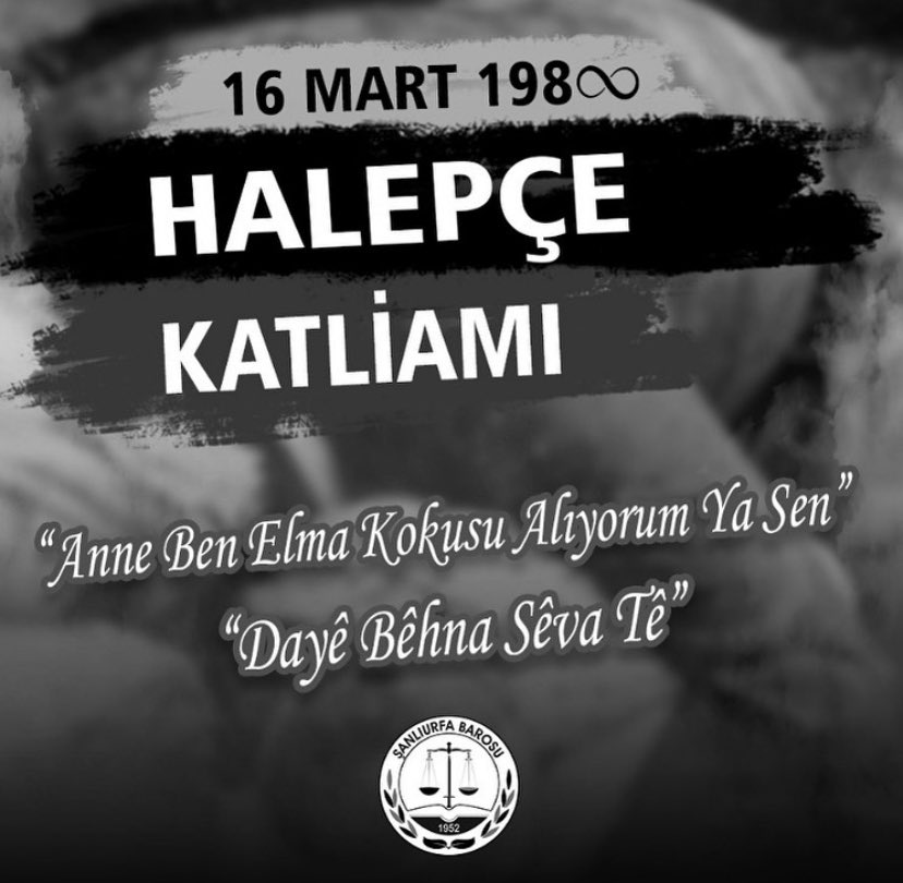 UrfaBarosu's tweet photo. 16 Mart 1988'de Halepçede gerçekleşen kimyasal bombardımanda hayatını kaybeden çoğunluğu çocuk ve kadın olan binlerce insanımızı saygı ve rahmetle anıyoruz. https://t.co/zAeSj3jZSP