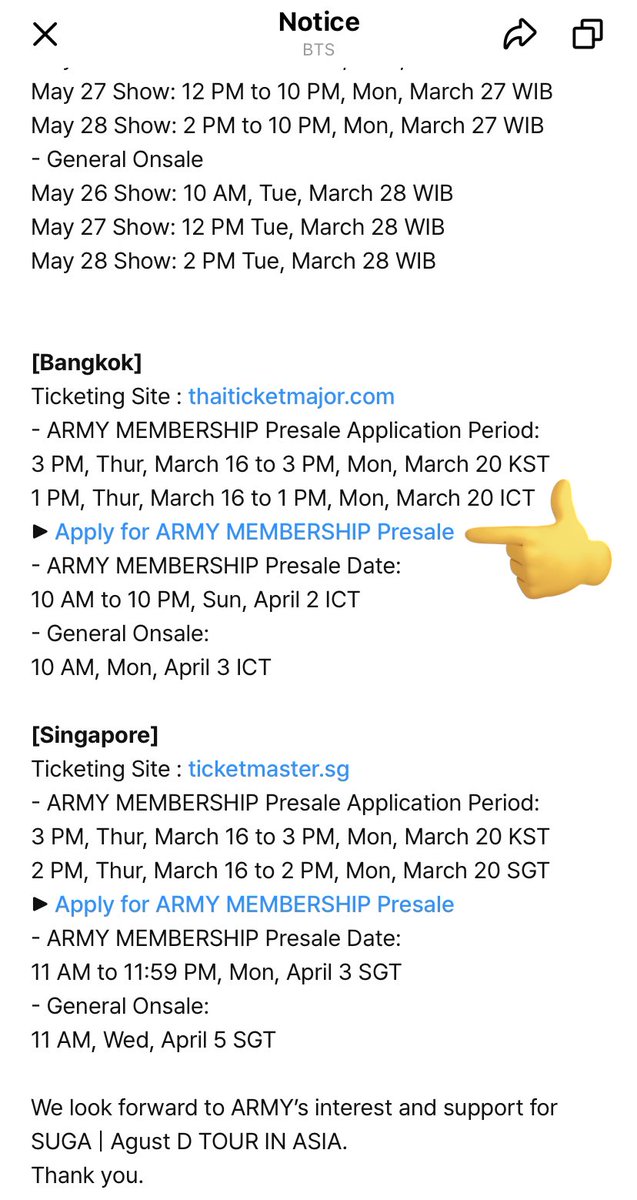 sunflowercharts's tweet photo. ขั้นตอนลงทะเบียนรับสิทธิ์พรีเซลสำหรับ ARMY MEMBERSHIP เพื่อซื้อบัตรคอนเสิร์ต ‘SUGA | Agust D TOUR in Bangkok’

1. ไปที่ https://t.co/ksMZu83sVK
2. กดลิงก์ ‘Apple for...’
3. กดยอมรับข้อตกลง > Apply
4. เช็ก My Events ในแอป Weverse หากขึ้นข้อความ Applied = สำเร็จ

#SUGA_AgustD_TOUR https://t.co/ae1kVXZVsO
