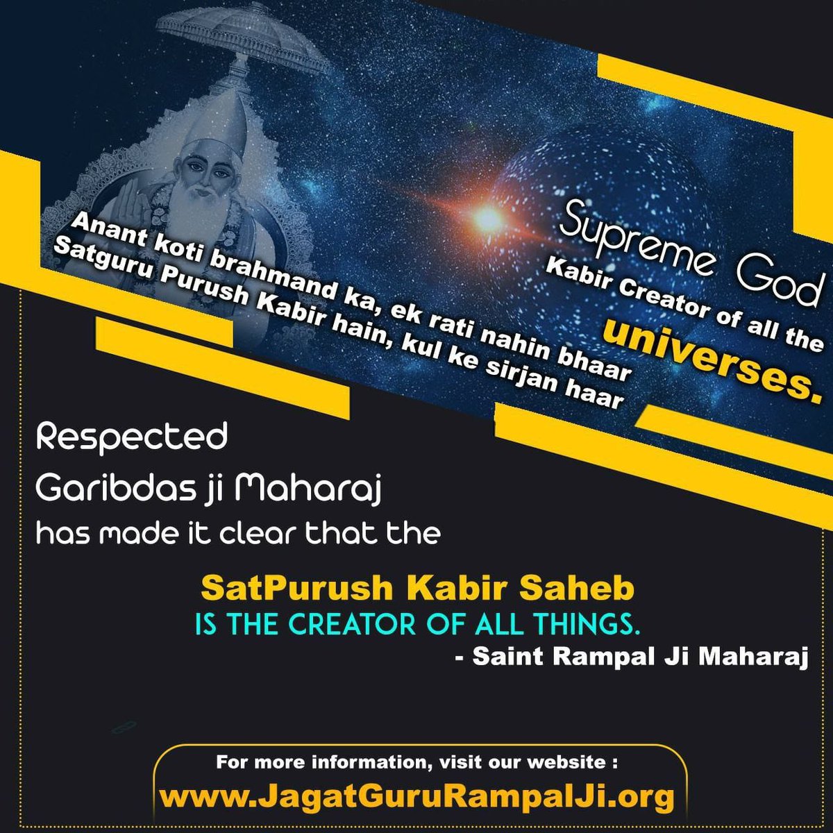 #TeacherStrike
Supreme God Kabir is the Creator of all the universes.
Anant koti brahmand ka, ek rati nahin bhaar
Satguru Purush Kabir hain, kul k sirjn har
Respecte Garibdas ji Maharaj has made it clear that the SatPurush Kabir Saheb is the creator of all things.
Saint Rampal Ji