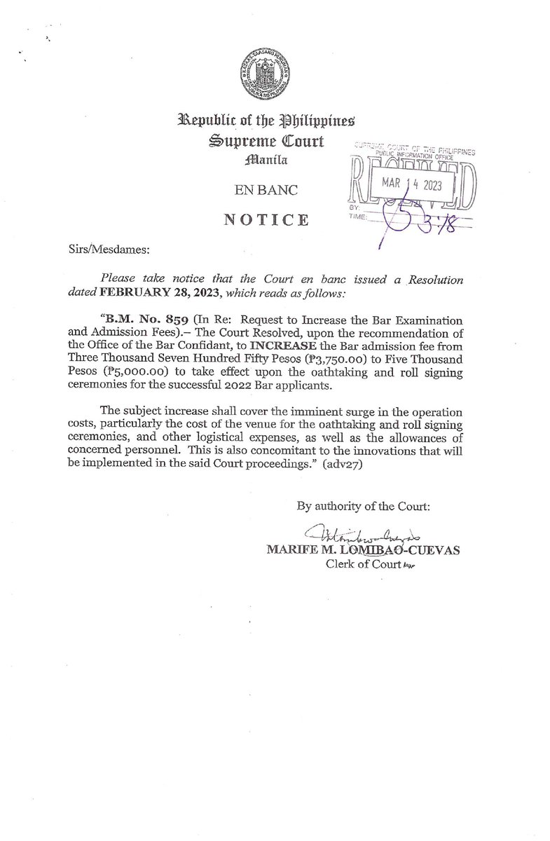 SCPh_PIO's tweet photo. READ: B.M. No. 859 – The Supreme Court resolved to increase the Bar admission fee from ₱3,750 to ₱5,000, to take effect upon the oathtaking and roll signing ceremonies for the the successful #Bar2022 applicants.

Link: https://t.co/Z5mbp02soa https://t.co/Z9KnChtN5y