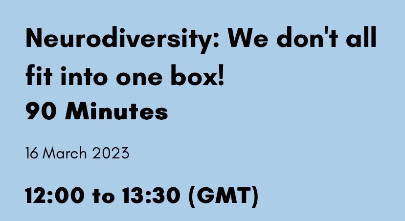 NeurodiversityT's tweet photo. Today Thursday 16th March 12-1.30pm FREE Webinar panel discussion chaired by To y Lloyd for Neurodiversity Celebration Week ‘We don’t all fit into one box’ @NCWeek 
You can sign up here: https://t.co/1SbTeveQD5  @LexxicLtd @adhd_girls @SpaceHerts @EmbraceComplex @rorybremner ☂️ https://t.co/Y7VGYEQWOH