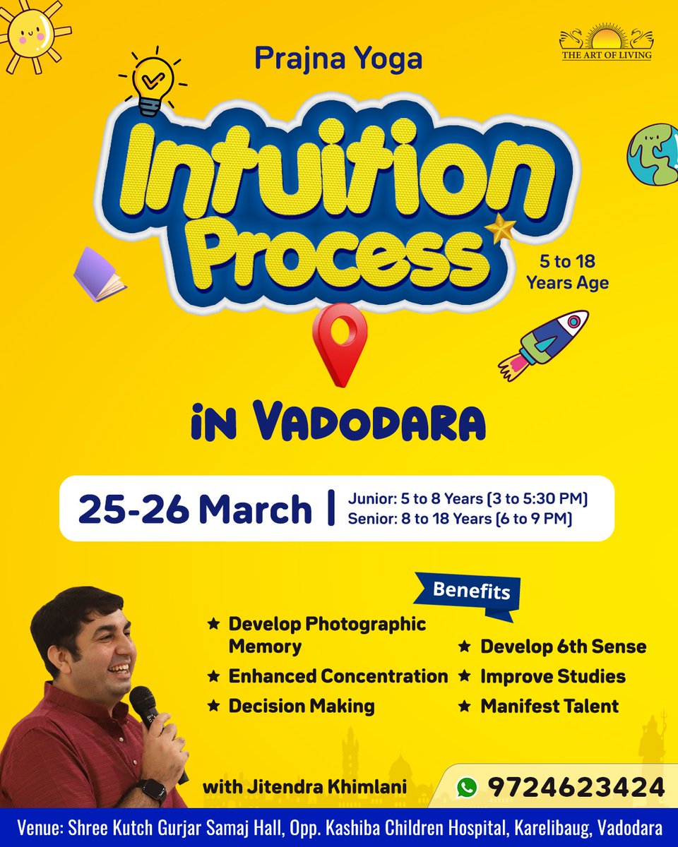 The #ArtofLiving #INTUITIONPROCESS for #Kids & #Teens
25 & 26 March, 2023 (Saturday & Sunday) 
at #Vadodara
Contact : 9724623424
#intuition #6thsense #childrenandteens #teenagers #youths #youngsters #personalitydevelopment #photographicmemory #blindfold
#rightthoughtrighttime