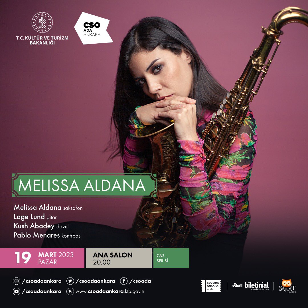 Melissa Aldana-Blue Note Artist (@melissaaldana) on Twitter photo Looking forward to the first concert of the tour on March 19th! In Ankara/Turkey at Ana Salon 8pm
<a href="/csoadaankara/">CSO Ada Ankara</a> Looking forward to the first concert of the tour on March 19th! In Ankara/Turkey at Ana Salon 8pm
<a href="/csoadaankara/">CSO Ada Ankara</a>