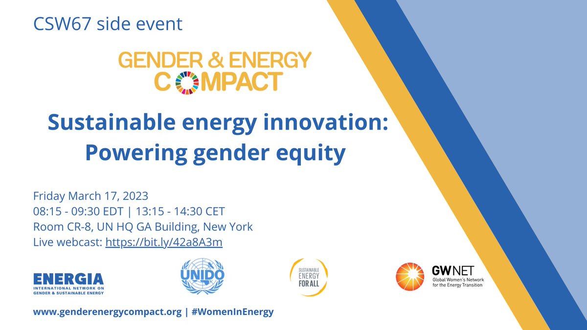 Happening tomorrow! Don't forget to join the #GenderEnergyCompact #UNIDO, #ENERGIA #GWNET & @SEforALLorg to discuss the leading role of women in #energytechnology innovation and the need to promote a gender transformative entrepreneurial ecosystem.
📽️ bit.ly/42a8A3m