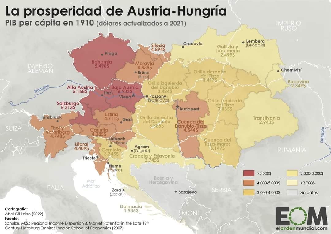 Prazskepribehy's tweet photo. Zajímavá mapa. HDP na hlavu v monarchii (rok 1910) přepočítaný na dolary (z roku 2021). Z Facebooku Zoran Stehlik https://t.co/LTihwRIywY