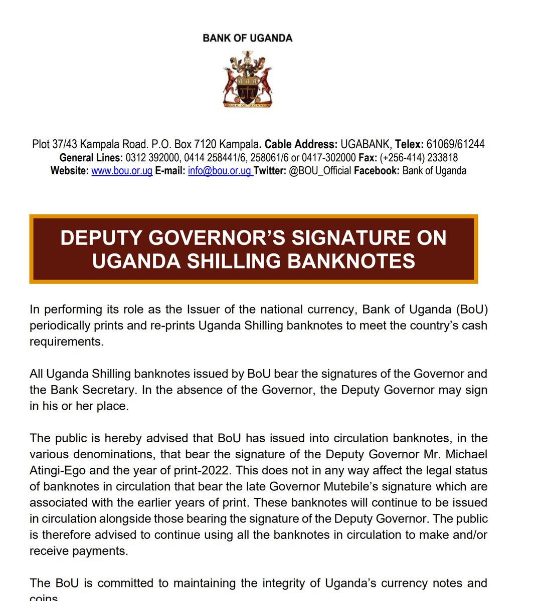 BOU_Official's tweet photo. Deputy Governor’s Signature on Uganda Shilling Banknotes 

https://t.co/FgA5uKrgAp https://t.co/I0dWoJ9v3u