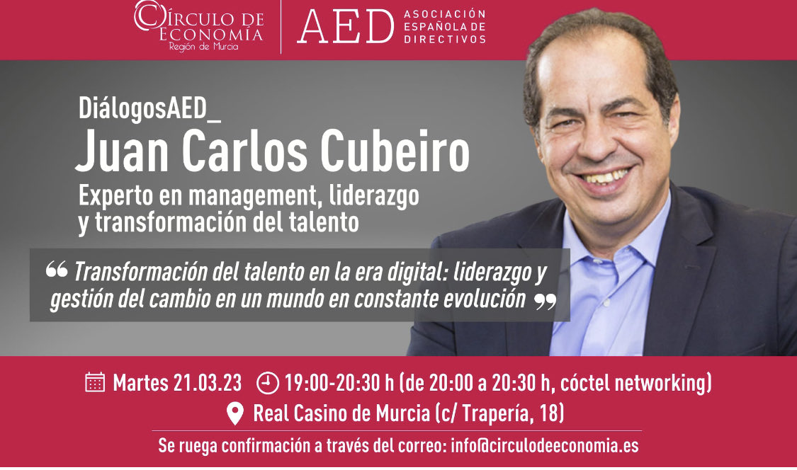 Próximo martes 21, con el Círculo de Economía de la Región de Murcia y AED. Hablaremos de Talento y Liderazgo en un mundo de evolución acelerada. Transforma tu empresa o lamenta que desaparezca.