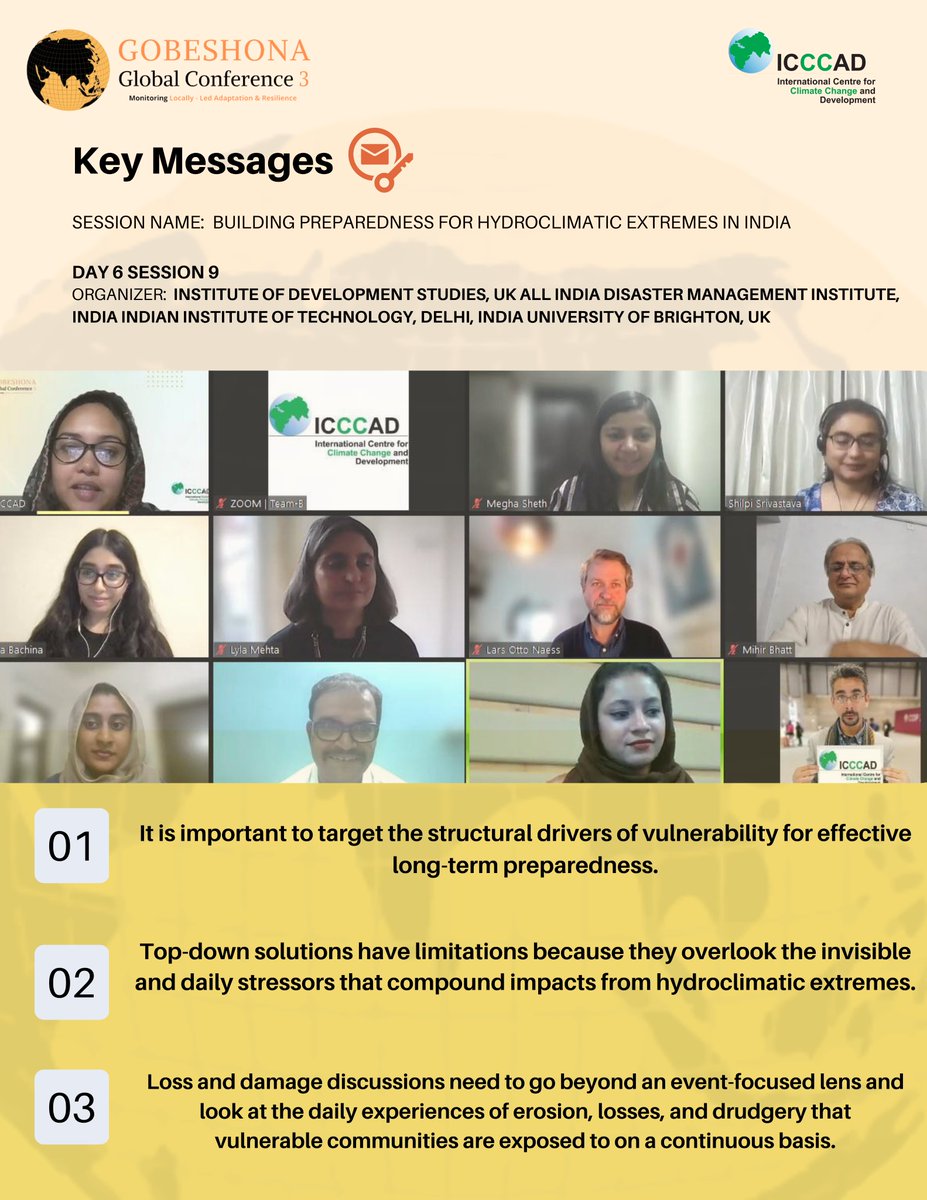 Key Messages from Institute of Development Studies, UK All India Disaster Management Institute, India Indian Institute of Technology, Delhi, India University of Brighton, UK's session "Building preparedness for hydroclimatic extremes in India".

#Gobeshona #GGC3