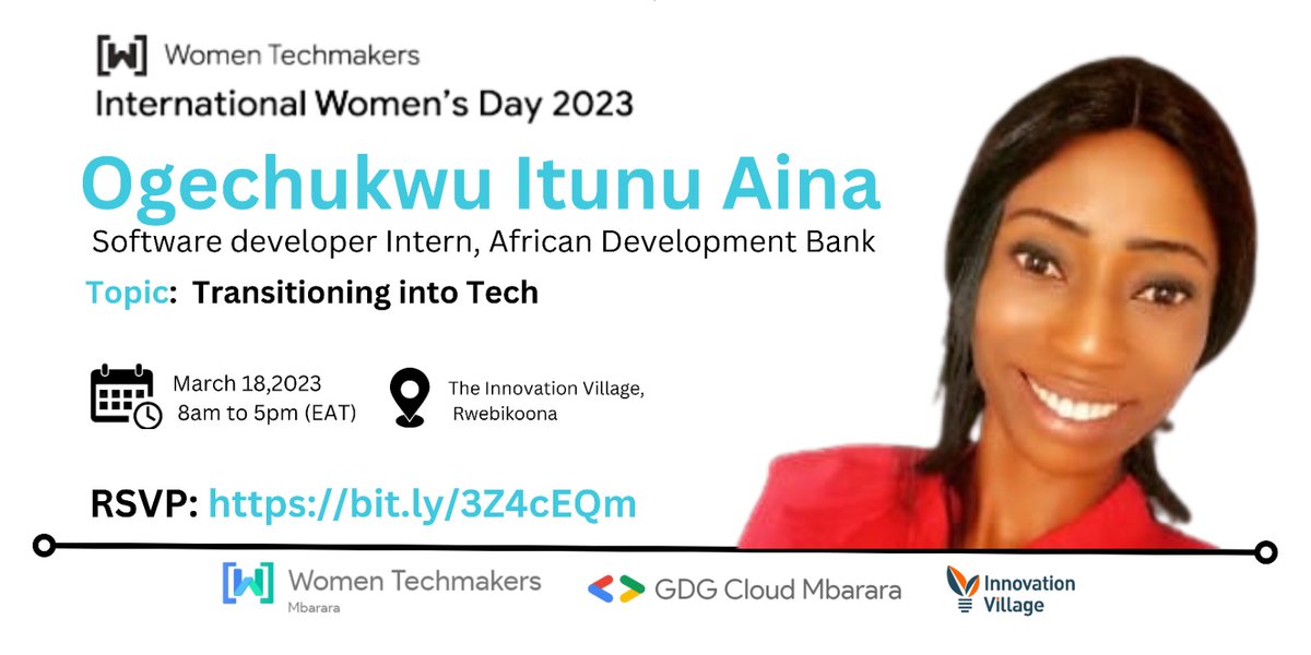 WTMMbarara's tweet photo. #IWDMbarara2023
Speaker Profile:
Ogechukwu Itunu Aina is a Software Development Intern at the African Development Bank.

Topic:  Transitioning into Tech.

#IWD2023 #WTMDareToBe #IWDMbarara2023 https://t.co/QszYLr3IXg