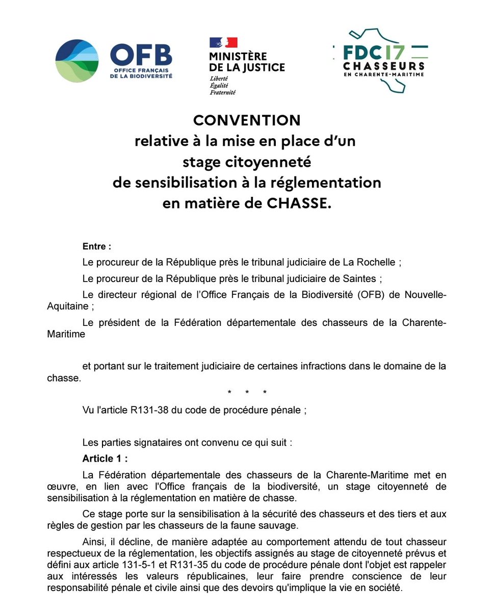 Proc_Saintes's tweet photo. Nouvelle convention conclue entre @Proc_Saintes, @PRLaRochelle, @OFBiodiversite et @17Chasseurs pour la mise en œuvre d'un stage de responsabilisation en matière de chasse sanctionnant des infractions dans le cadre d'alternatives aux poursuites. ⚖️🦌
📸 OFB https://t.co/rj2kW8smRV