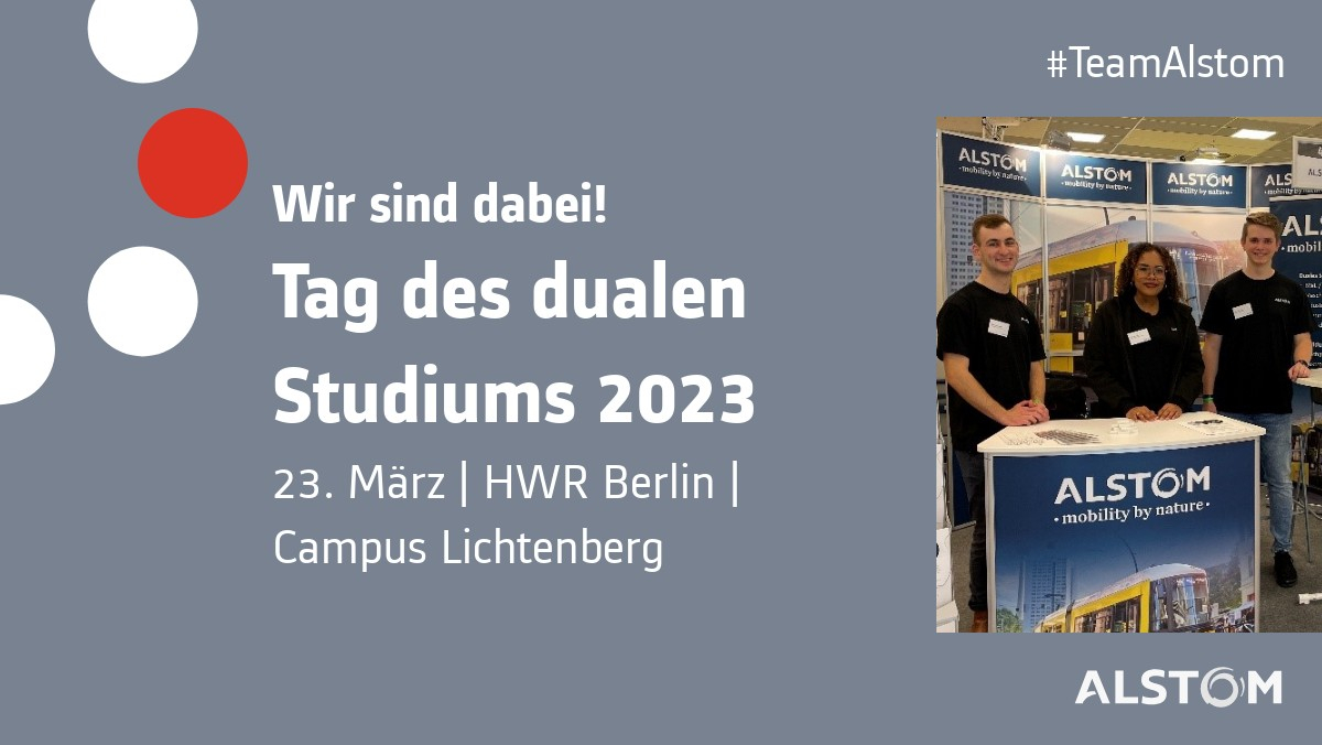 📆 Am 23. März ist der Tag des Dualen Studiums an der @HWR_Berlin.  Erfahrt vor Ort, wie wir bei #TeamAlstom die Mobilität der Zukunft gestalten! Besucht uns und entdeckt spannende Karrieremöglichkeiten!

ℹ️ Mehr Infos: hwr-berlin.de/tds

#AlstomCareers #HWRBerlin