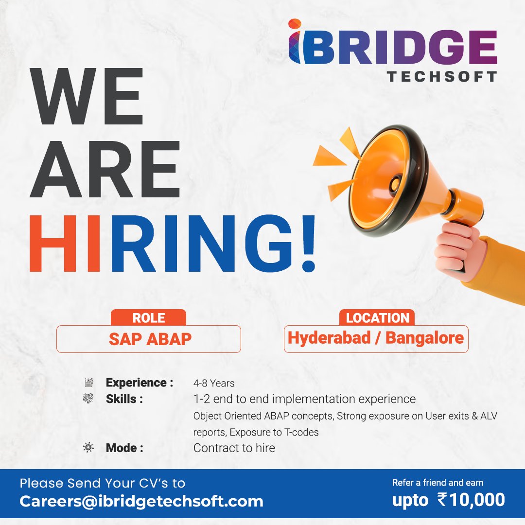 TechsoftIbridge's tweet image. 𝐇𝐢𝐫𝐢𝐧𝐠 𝐚𝐥𝐞𝐫𝐭!
We are hiring SAP ABAP Developer with an experience of 4-8 years for Hyderabad/ Bengaluru locations. Interested candidates can share their resumes to careers@ibridgetechsoft.com
#iBridgeTechsoft #𝐇𝐢𝐫𝐢𝐧𝐠𝐚𝐥𝐞𝐫𝐭 #SAPABAPDeveloper #SAP #Developer