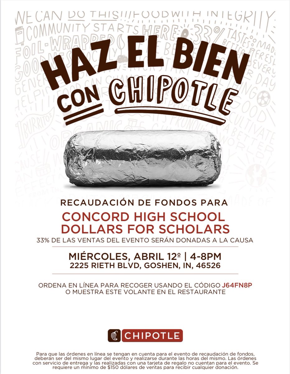 ConcordDFS's tweet image. We are having a GiveBack Night at the new Chipotle in Goshen on April 12, 2023 from 4-8pm. Mention Concord DFS or show this coupon at check out. If you order online you must order through the Chipotle app and use code J64FN8P.