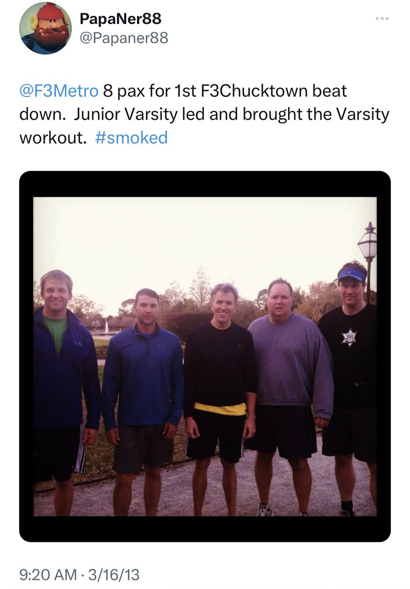 Joseph Varin (@josephvarin) on Twitter photo Hard to believe it’s been 10 years for <a href="/F3Charleston/">F3 Charleston</a> and YHC! Thanks <a href="/F3Nation/">F3</a> and <a href="/Papaner88/">PapaNer88</a> <a href="/F3Columbia/">F3 Columbia</a> <a href="/WalterPringle/">Walter Pringle</a> <a href="/F3_Today/">Richard Morrow</a> And all the PAX that stuck it out in the beginning. Hard to believe it’s been 10 years for <a href="/F3Charleston/">F3 Charleston</a> and YHC! Thanks <a href="/F3Nation/">F3</a> and <a href="/Papaner88/">PapaNer88</a> <a href="/F3Columbia/">F3 Columbia</a> <a href="/WalterPringle/">Walter Pringle</a> <a href="/F3_Today/">Richard Morrow</a> And all the PAX that stuck it out in the beginning.