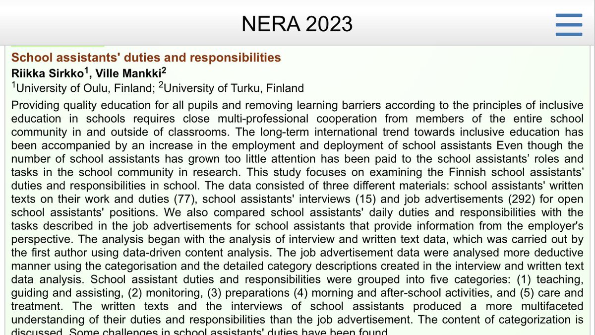 VilleMankki's tweet image. Hienosti @SirkkoR tiivisti koulunkäynninohjaajien työnkuvaa koskevan tutkimuksemme tuloksia.

#nera2023